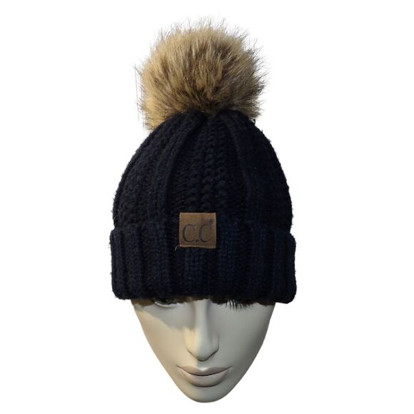 CC Women Black Thick Cable Knit Faux Fleece Lined Pompom Cuff Beanie‎ - Picture 1 of 4
